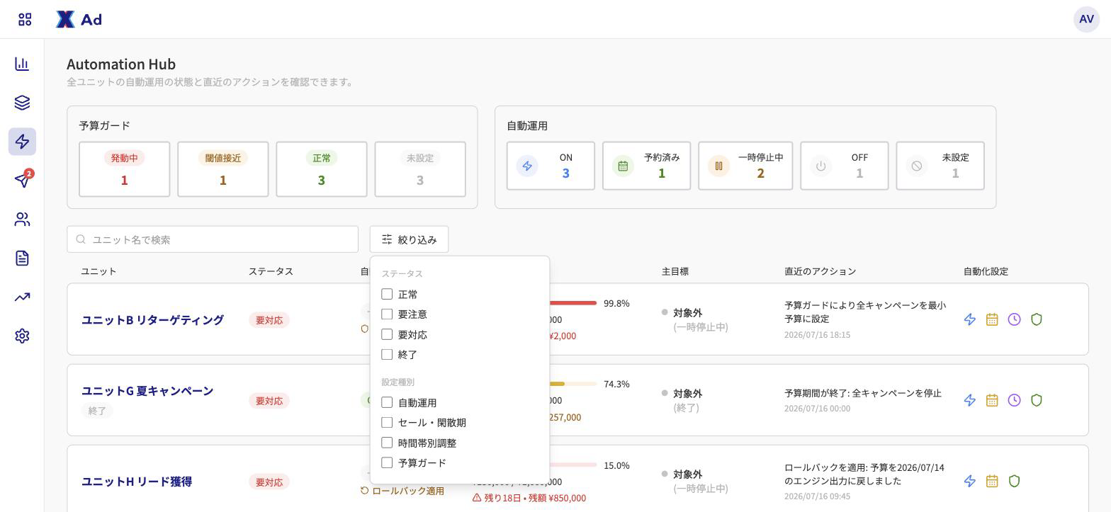 ステータスと設定種別を複数選べる