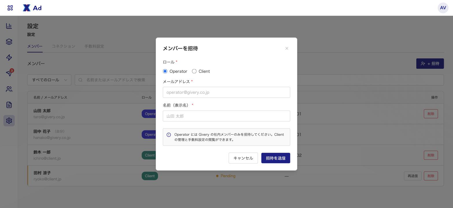 メンバーを招待するモーダル。ロール・メールアドレス・名前を入力して招待を送信する