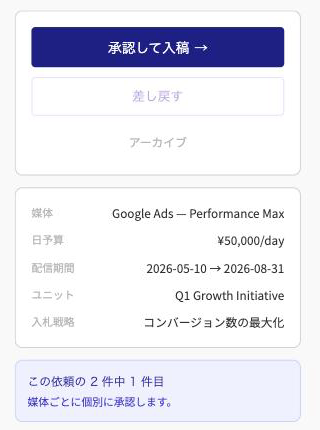 承認・差し戻しボタンの操作部分